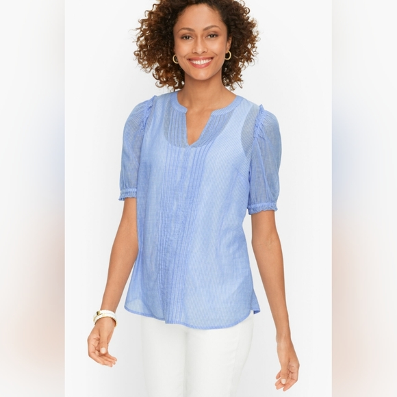 Talbots Tops - Talbots Band Collar Popover Sunny Stripe Blue and White Plus Size X